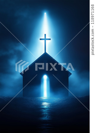 Religious background. A Churche with cross and light coming from behind. Christianity concept Religious background. A Churche with cross and light coming from behind. Christianity concept 118971168