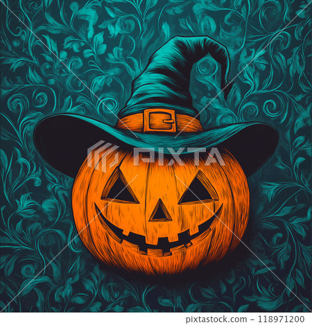 Halloween pumpkin wearing a witch hat. Halloween banner with copy space Halloween pumpkin wearing a witch hat. Halloween banner with copy space 118971200