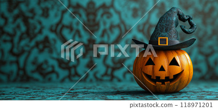 Halloween pumpkin wearing a witch hat. Halloween banner with copy space Halloween pumpkin wearing a witch hat. Halloween banner with copy space 118971201