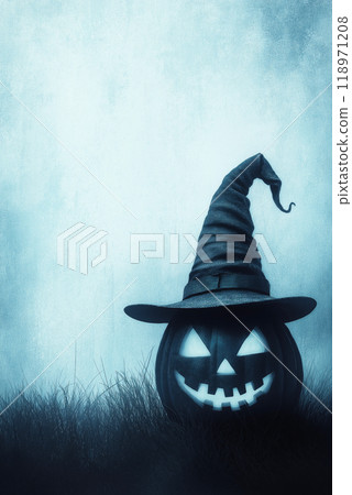 Halloween pumpkin wearing a witch hat. Halloween banner with copy space Halloween pumpkin wearing a witch hat. Halloween banner with copy space 118971208