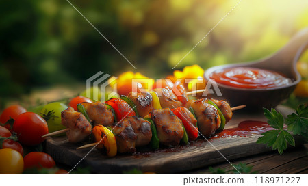 Fresh kebab and vegetables. Summer barbecue party Fresh kebab and vegetables. Summer barbecue party 118971227