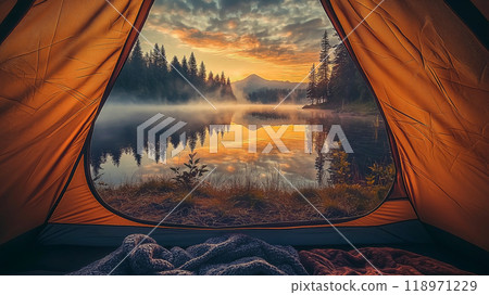 View of the wilderness from a tent. Adventure hiking and camping in the wild nature View of the wilderness from a tent. Adventure hiking and camping in the wild nature 118971229