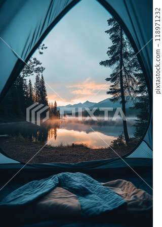 View of the wilderness from a tent. Adventure hiking and camping in the wild nature View of the wilderness from a tent. Adventure hiking and camping in the wild nature 118971232