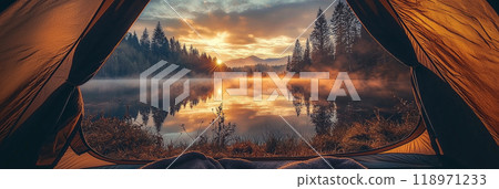 View of the wilderness from a tent. Adventure hiking and camping in the wild nature View of the wilderness from a tent. Adventure hiking and camping in the wild nature 118971233