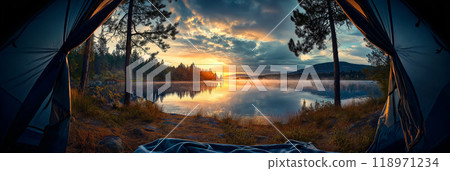 View of the wilderness from a tent. Adventure hiking and camping in the wild nature View of the wilderness from a tent. Adventure hiking and camping in the wild nature 118971234