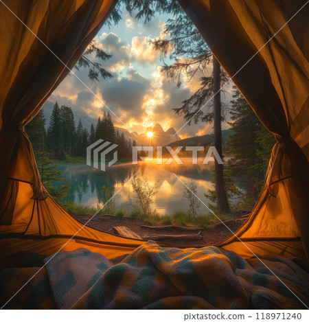 View of the wilderness from a tent. Adventure hiking and camping in the wild nature View of the wilderness from a tent. Adventure hiking and camping in the wild nature 118971240