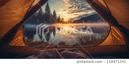 View of the wilderness from a tent. Adventure hiking and camping in the wild nature View of the wilderness from a tent. Adventure hiking and camping in the wild nature 118971241