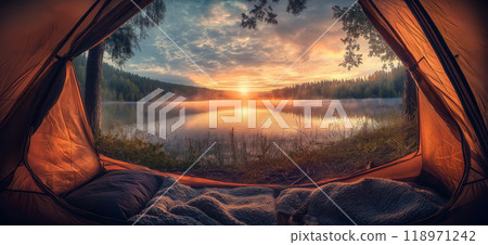 View of the wilderness from a tent. Adventure hiking and camping in the wild nature 118971242