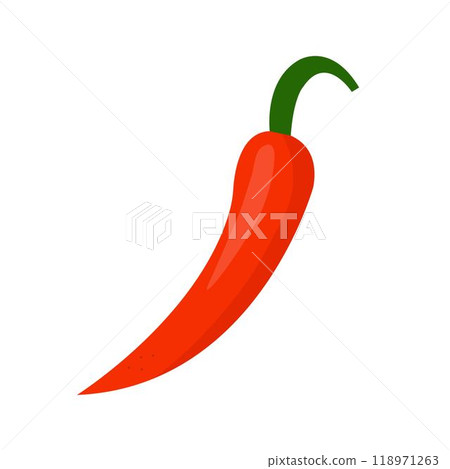 Flat isolated illustration of a red chili pepper with curved green stem. Flat isolated illustration of a red chili pepper with curved green stem. 118971263