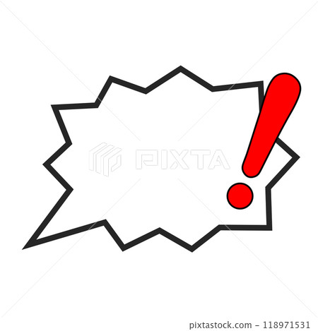 A zigzag-shaped speech bubble with a solid red exclamation mark A zigzag-shaped speech bubble with a solid red exclamation mark 118971531