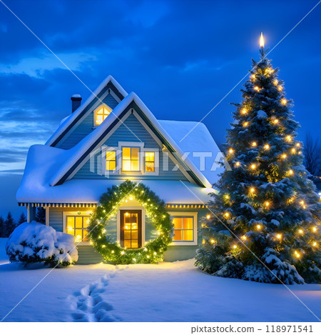 Cozy Snowy House with Christmas Lights 118971541