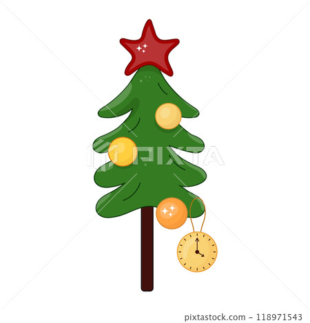 Doodle isolated Christmas tree green Vector New Year fir tree, Balls, star, clock, chimes. 118971543