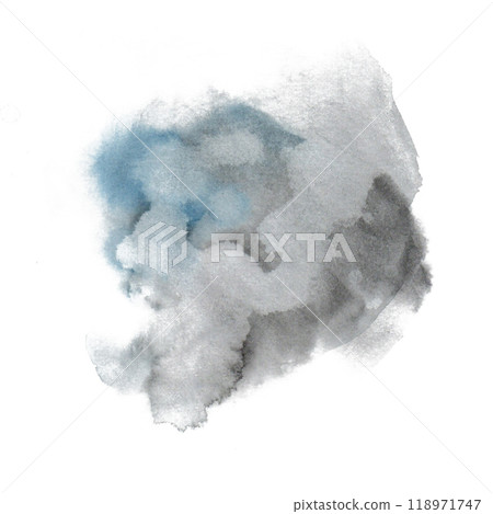 Set of water splashes and droplets, sea waves in blue, light blue, grey colors. Watercolor fills in handdrawn painted. It will be use as transparent cloud, backgrounds of water stains in cat series 118971747