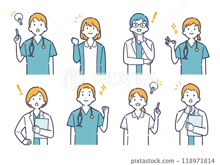 Illustration set of a doctor looking up and with a bright expression_headline 118971814
