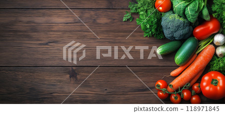 Healthy food concept. Frame of fresh vegetables on rustic wooden background with copy space Healthy food concept. Frame of fresh vegetables on rustic wooden background with copy space 118971845