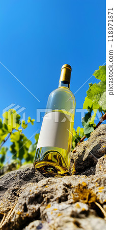 White wine mock-up. A bottle of white wine on a rock in a vineyard with an empty label 118971871