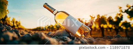 White wine mock-up. A bottle of white wine on a rock in a vineyard with an empty label White wine mock-up. A bottle of white wine on a rock in a vineyard with an empty label 118971878