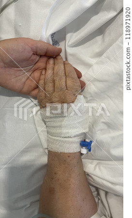 Woman hand holding hand of terminally ill grandmother. Woman hand holding hand of terminally ill grandmother. 118971920