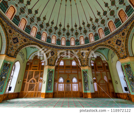 Interior of Taza Pir Mosque in Baku, Azerbaijan, with ornate dome and intricate architecture Interior of Taza Pir Mosque in Baku, Azerbaijan, with ornate dome and intricate architecture 118972122