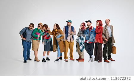 Group of people, men and women wearing stylish autumn outfits, waiting for seasonal sales., whispering about best deals in stores Group of people, men and women wearing stylish autumn outfits, waiting for seasonal sales., whispering about best deals in stores 118972272