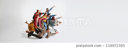 Group of people men and women rushing forward with outstretched hands, falling down, trying to get the best discounts 118972305