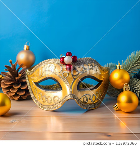 Festive Gold Mask with Ornaments on Wooden Table.  118972360