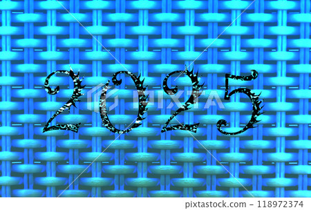 The upcoming date of the new year. The numbers 2025. On a blue intertwined background, dark spotted numbers 2025. 118972374