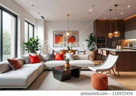 Modern living room with a stylish sectional sofa and vibrant decor in an upscale apartment 118972454