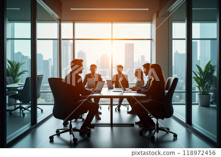 Business meeting at sunrise with city skyline visible through large windows 118972456