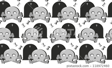 Halloween concept background with skulls and graves on white background, Halloween cemetery with silhouettes of tombstones with crosses and with crossbones, Halloween holiday seamless pattern Halloween concept background with skulls and graves on white background, Halloween cemetery with silhouettes of tombstones with crosses and with crossbones, Halloween holiday seamless pattern 118972460