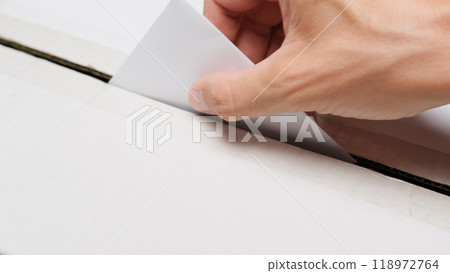 Hand inserts ballot paper into the box Hand inserts ballot paper into the box 118972764