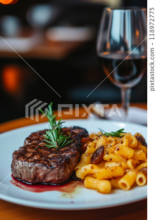 Steaks. Delicious steak served with pasta and potatoes 118972775
