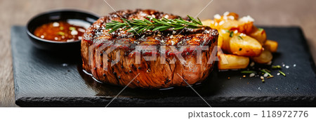 Steaks. Delicious steak served with pasta and potatoes 118972776