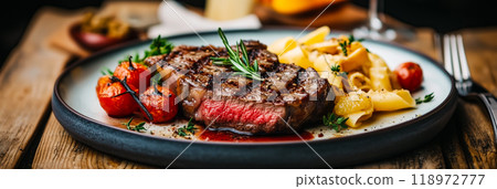 Steaks. Delicious steak served with pasta and potatoes 118972777