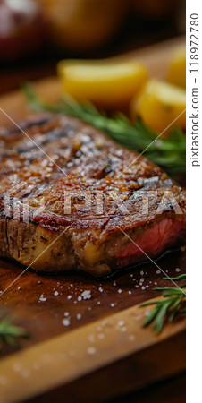 Steaks. Delicious steak served with pasta and potatoes 118972780