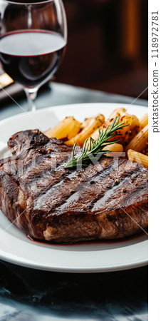 Steaks. Delicious steak served with pasta and potatoes 118972781
