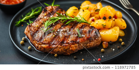 Steaks. Delicious steak served with pasta and potatoes Steaks. Delicious steak served with pasta and potatoes 118972785