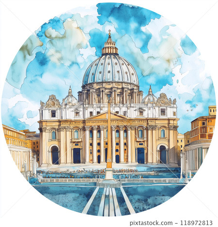 Saint Peters Basilica circle watercolor painting. St. Peter's Basilica 118972813