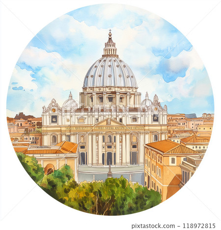 Saint Peters Basilica circle watercolor painting. St. Peter's Basilica 118972815