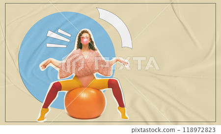 Woman in sparkly attire and bright tights, playfully blowing bubble gum while sitting on balance ball. Fun of 90s workout. Contemporary art collage. Woman in sparkly attire and bright tights, playfully blowing bubble gum while sitting on balance ball. Fun of 90s workout. Contemporary art collage. 118972823