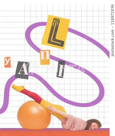 Woman doing stretch on balance ball, clad in bright retro workout attire. 90s fitness vibes with bold colors and vintage typography. Contemporary art collage. 118972836