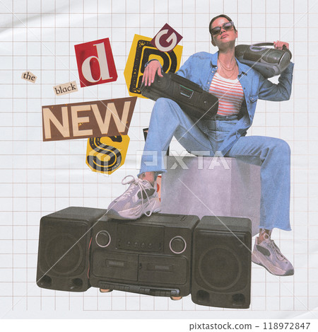Woman in denim sitting with boomboxes. 90s aesthetics. Retro typography and bold colors bring back vibrant vibe of 90s pop culture. Contemporary art collage. Woman in denim sitting with boomboxes. 90s aesthetics. Retro typography and bold colors bring back vibrant vibe of 90s pop culture. Contemporary art collage. 118972847