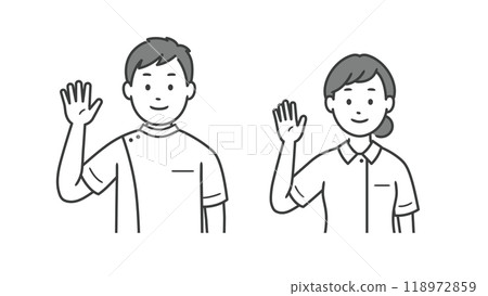 Upper body illustration of a male and female nurse raising one hand to greet 118972859