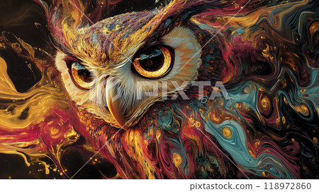 漂亮的金沙油漆抽象艺术猫头鹰插画 漂亮的金沙油漆抽象艺术猫头鹰插画 118972860