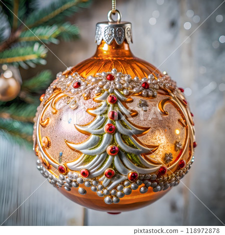 Christmas tree toy hanging on a branch - Christmas tree illustration 118972878