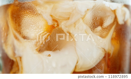 Macro Shot of Pouring Milk into Ice Coffee, Close-up 118972895