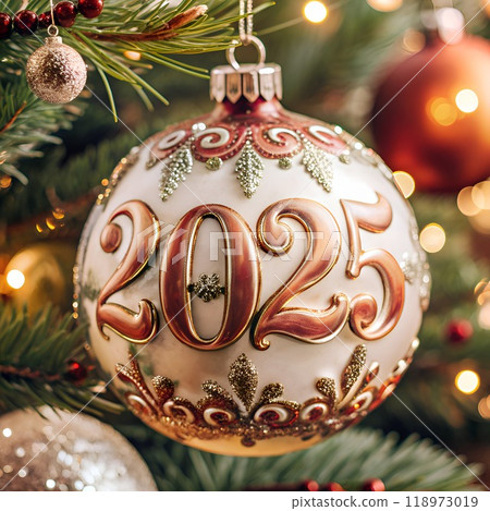 Christmas tree toy hanging on a branch - illustration 2025 118973019