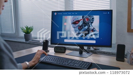 Adult woman types prompt in AI chatbot on PC. Generated portrait of sci-fi robot 118973072