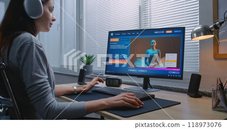 Adult woman creates image portrait of ballerina in AI image generator on PC 118973076