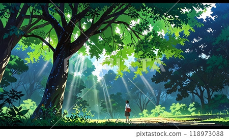 A girl illuminated by the sunlight filtering through the leaves of a large tree 118973088